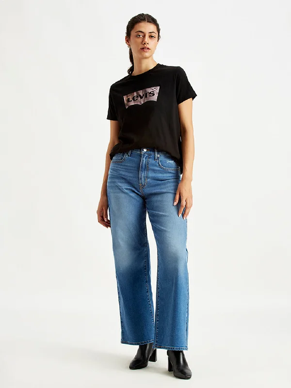Women's High Rise Wide Leg Blue Jeans French