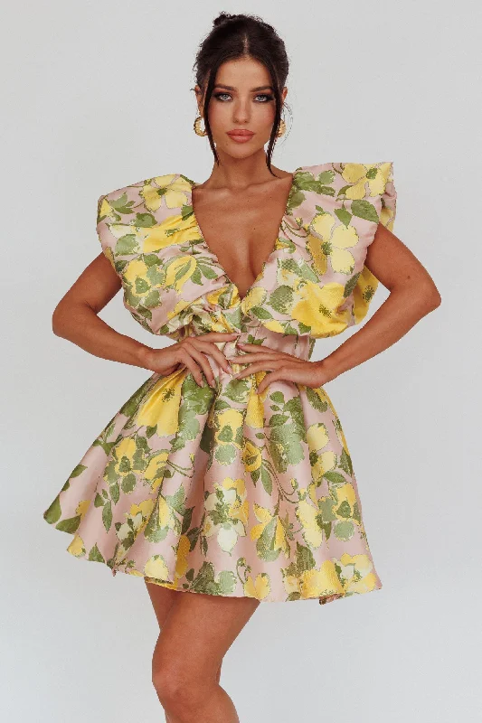 Bennet Puffed Neckline Mini Dress Floral Pink/Yellow Dynamic Women's High - energy