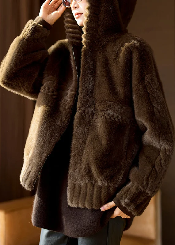 Loose Coffee Hooded Zippered Leather And Fur Coats Winter Disco