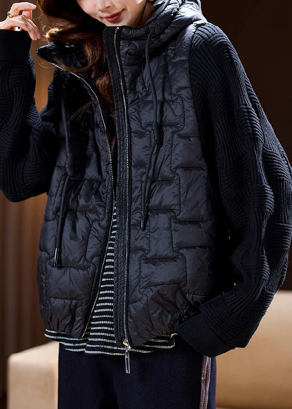 Simple Black Hooded Zippered Cotton Filled Waistcoat Sleeveless Luxurious Women's High -  end
