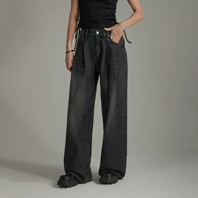 Washing Pintuck Denim Jeans Trendy Women's Oversized