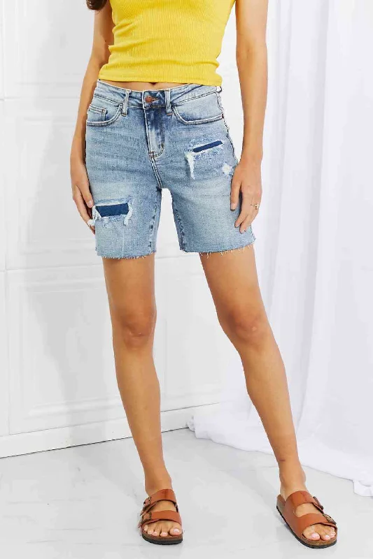 Judy Blue Hallie Mid-Length Denim Patch Shorts Refined Women's 