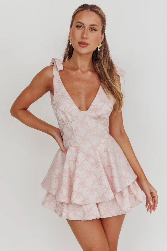 Paris Muse Tied Shoulders Ruffle Romper Pink Artistic Women's Hand - painted