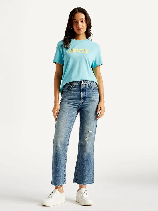 Women's High Rise Ribcage Cropped Bootcut Blue Jeans Dapper Women's Bow - adorned
