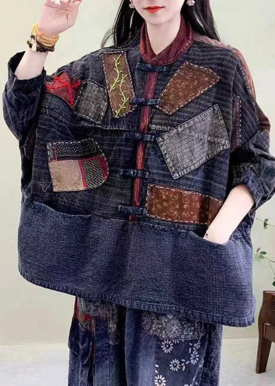 Bohemian Blue Patch Pockets Oriental Button Cotton Jackets Spring Casual Women's Japanese Bohemian Blue Patch Pockets Oriental Button Cotton Jackets Spring Casual Women's Japanese