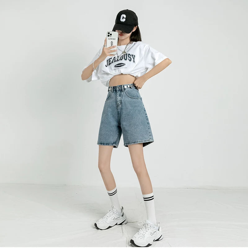 Adjustable Waist Denim Shorts Preppy Women's College