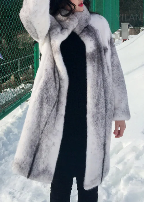 French White Stand Collar Pockets Mink Hair Coats Winter Laid - back Women's Vibe