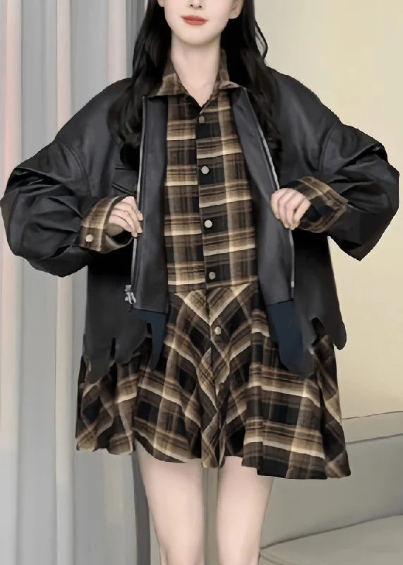 Chic Plaid Patchwork False Two Pieces Faux Leather Coat Spring Earthy Women's 