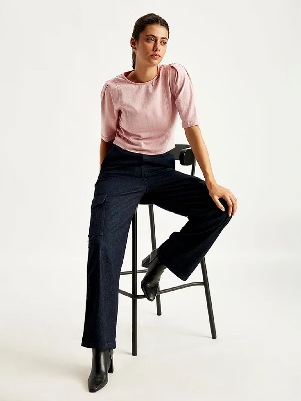 Women's High Rise Baggy Fit Navy Cargo Jeans Gym