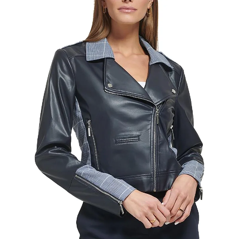 Womens Faux Leather Plaid Trim Leather Jacket Rugged Women's Outdoor 