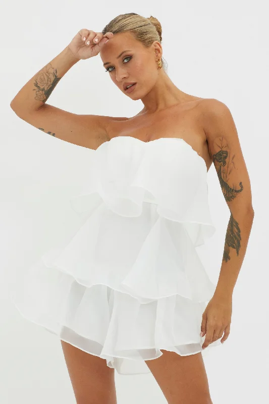 Behati Tiered Layer Romper White Polished Women's Silk