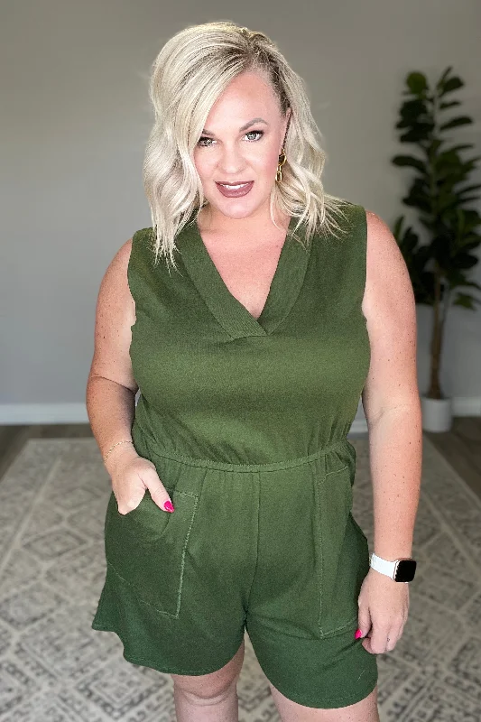 Sleeveless V-Neck Romper in Army Green Traditional Women's 