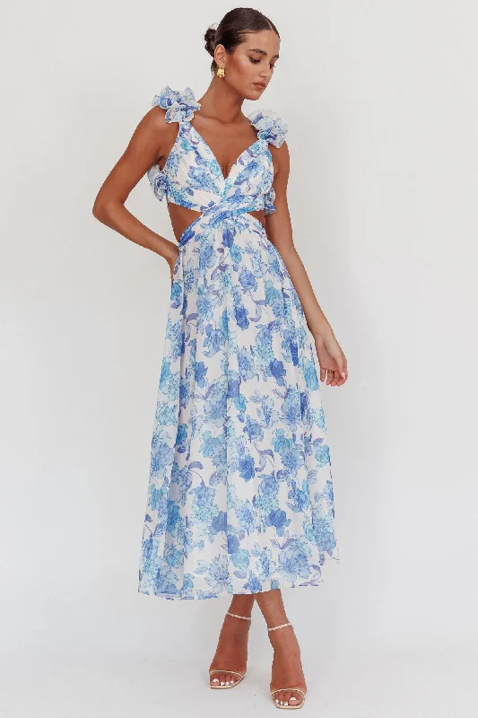 Madara Lace-Up Back Maxi Dress Floral Blue Elegant Women's Formal 