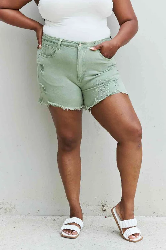RISEN Katie Full Size High Waisted Distressed Shorts in Gum Leaf Sophisticated Women's 