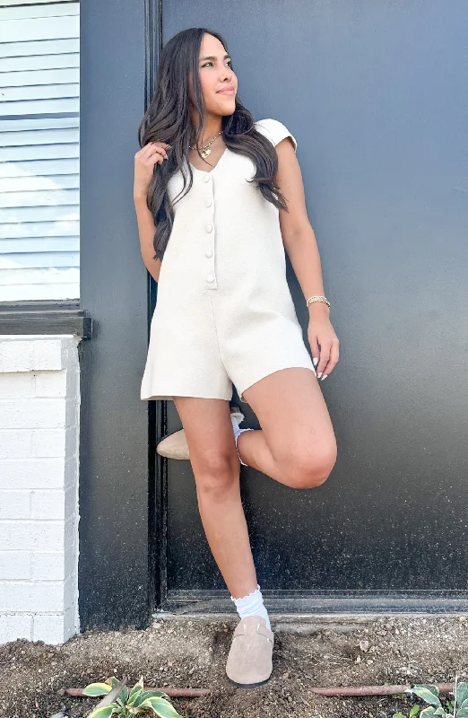 All The Feels Cream Knit Button Down Romper Trendy Women's Oversized