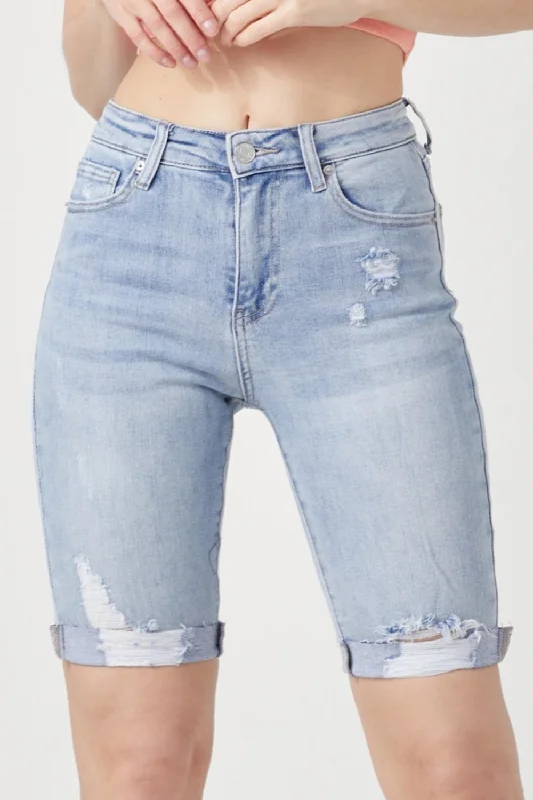 RISEN High Rise Distressed Denim Bermuda Shorts Earthy Women's Hemp - based