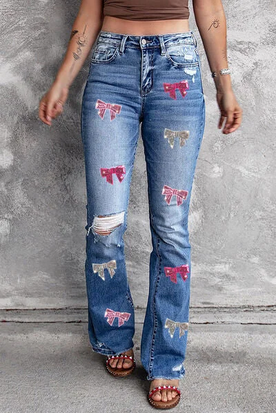 Sequin Bow Distressed Bootcut Jeans Dynamic Women's High - energy