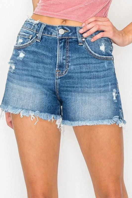 MEAGAN MID RISE DISTRESSED SHORTS Sleek Women's Metallic