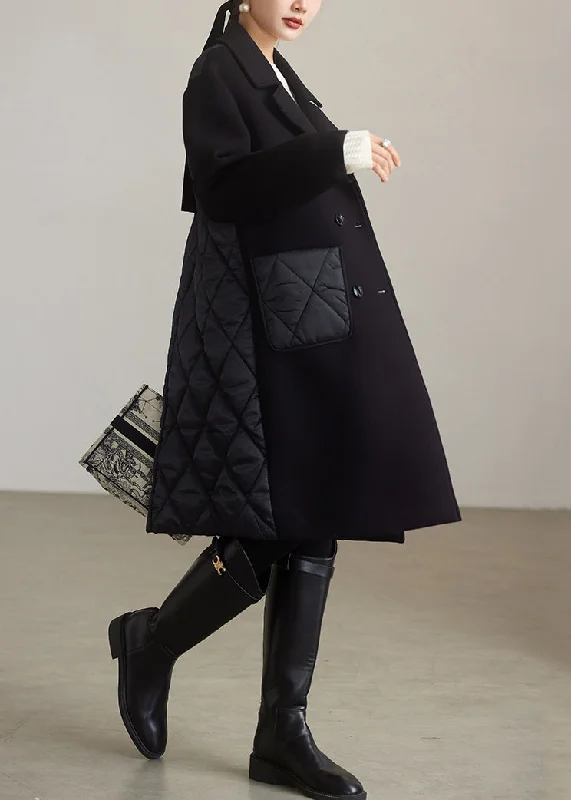 Simple Black Peter Pan Collar Pockets Patchwork Coat Winter performance