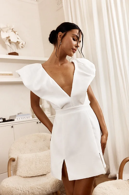 Liardon Bubble Sleeve V-Neckline Mini Dress White Relaxed Women's 
