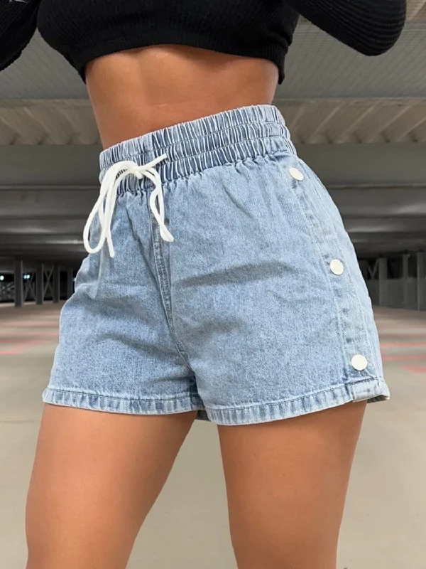 Drawstring High Waist Denim Shorts Sleek Women's Metallic