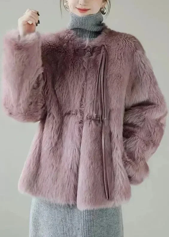 Women Purple Button Solid Mink Hair Coat Winter Feminine Women's Style 