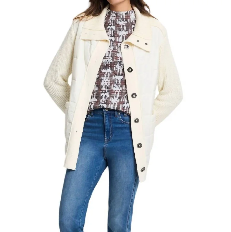 Mix Media Quilted Puffer Jacket In Classic Cream