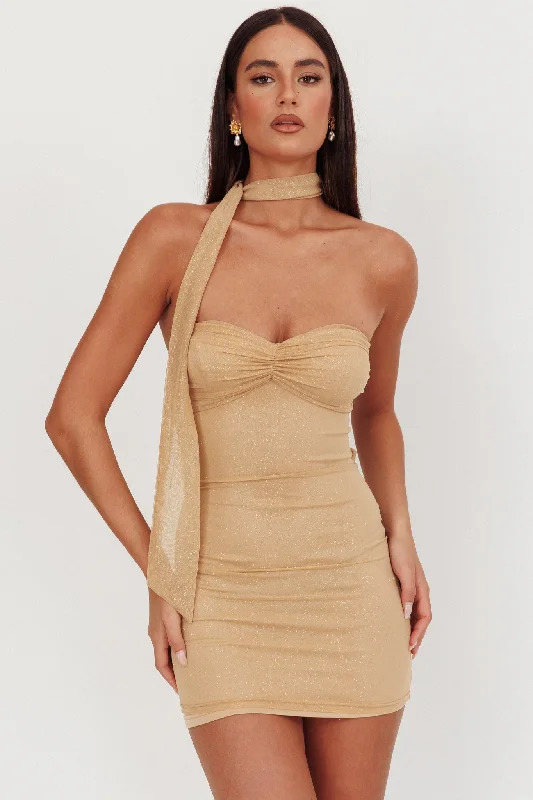 Elma Bandeau Neck Tie Mini Dress Gold Bohemian Women's Free