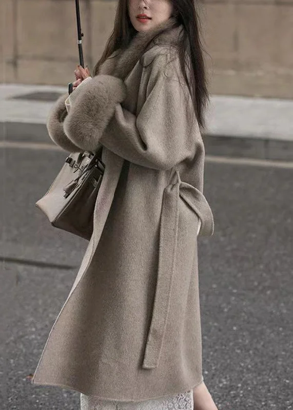 Loose Coffee Fur Collar Tie Waist Pockets Woolen Coat Spring Stylish Women's Neon