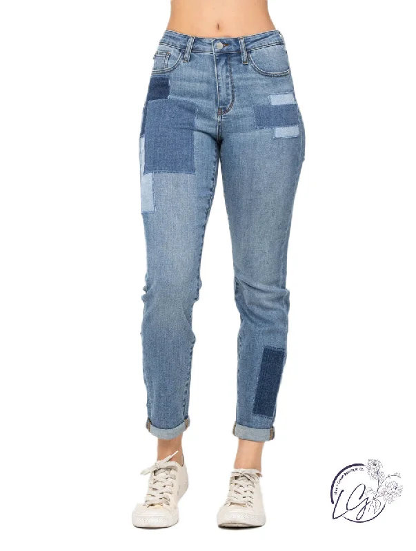 Eliza High-Rise Patched Boyfriend by Judy Blue Classic Women's Tweed