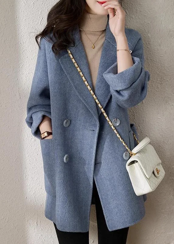 French Blue Notched Button Woolen Coat Spring Traditional Women's Wool