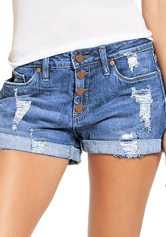 Women's High Waisted Rolled Hem Distressed Jeans Ripped Denim Shorts European