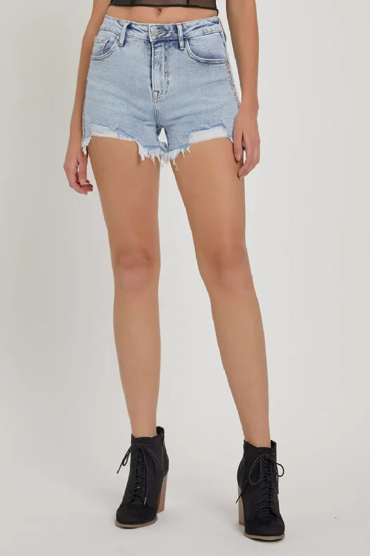 RISEN Full Size High Rise Rhinestone Strap Embellished Denim Shorts Refined Women's Classic 