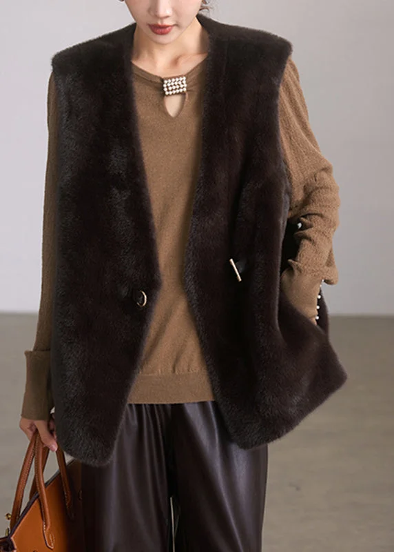 Brief Coffee V Neck Leather And Fur Waistcoat Spring Laid - back Women's Style