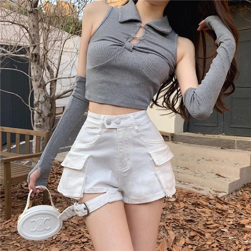 Belt Detail Cargo Denim Shorts Feminine Women's Style 