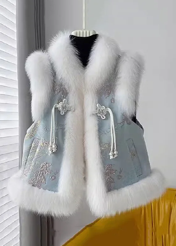 Blue Chinese Button Patchwork Cotton Filled Waistcoat Fur Collar Winter Minimalist Women's Casual
