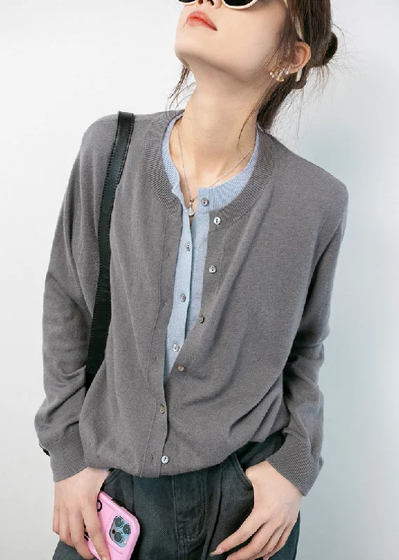 Women Grey O Neck Button Cotton Knit Coats Long Sleeve Stylish Women's Tropical 