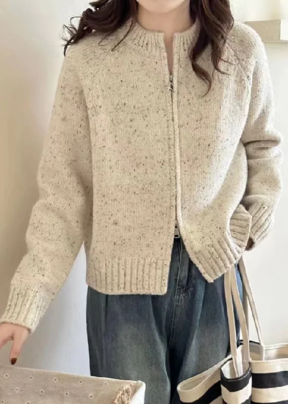 Loose Beige Zippered Patchwork Cozy Knit Coats Long Sleeve Relaxed Women's 