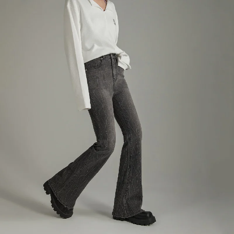 Wavy Pattern Bootcut Denim Jeans Cashmere