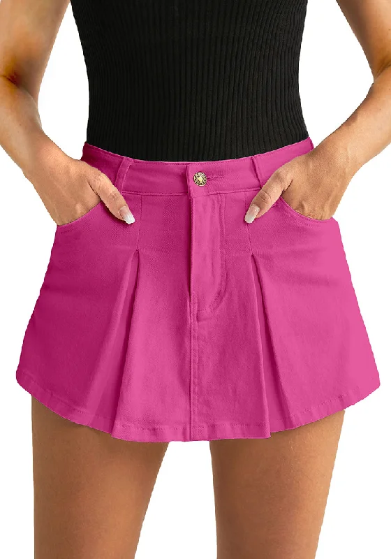 Hot Pink Women's High Waisted Denim Shorts Button Front Casual Denim Skorts With Pocket Disco