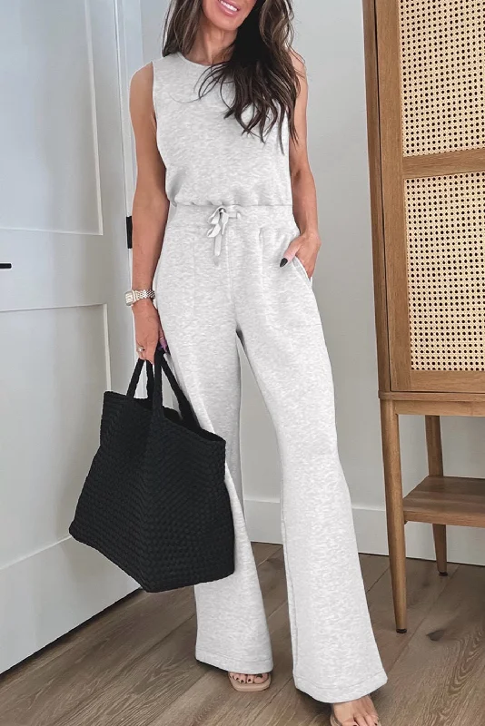 Light Grey Solid Color Drawstring High Waist Sleeveless Jumpsuit Athletic Women's High - 