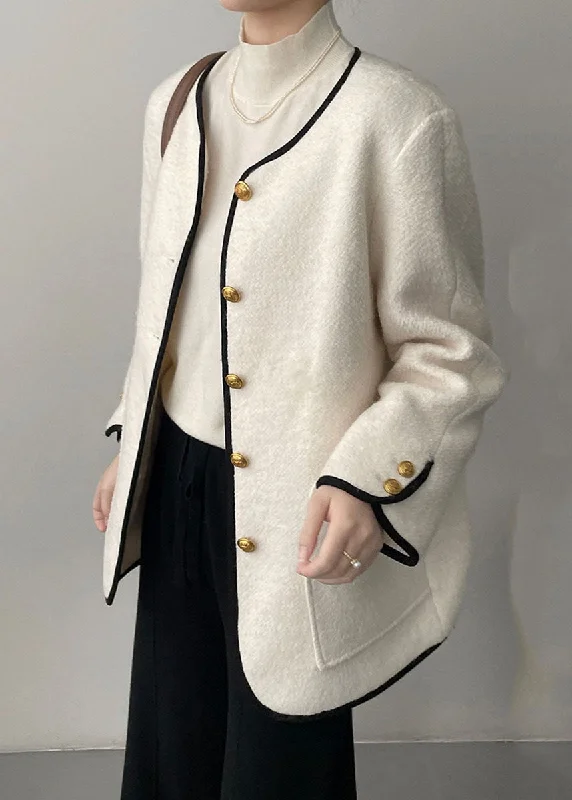 Elegant White Pockets Patchwork Woolen Coat Long Sleeve Classic Women's Tweed