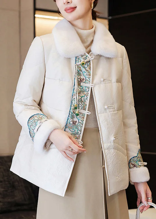 White Chinese Button Faux Leather Down Coats Fur Collar Winter Cool Women's Skate
