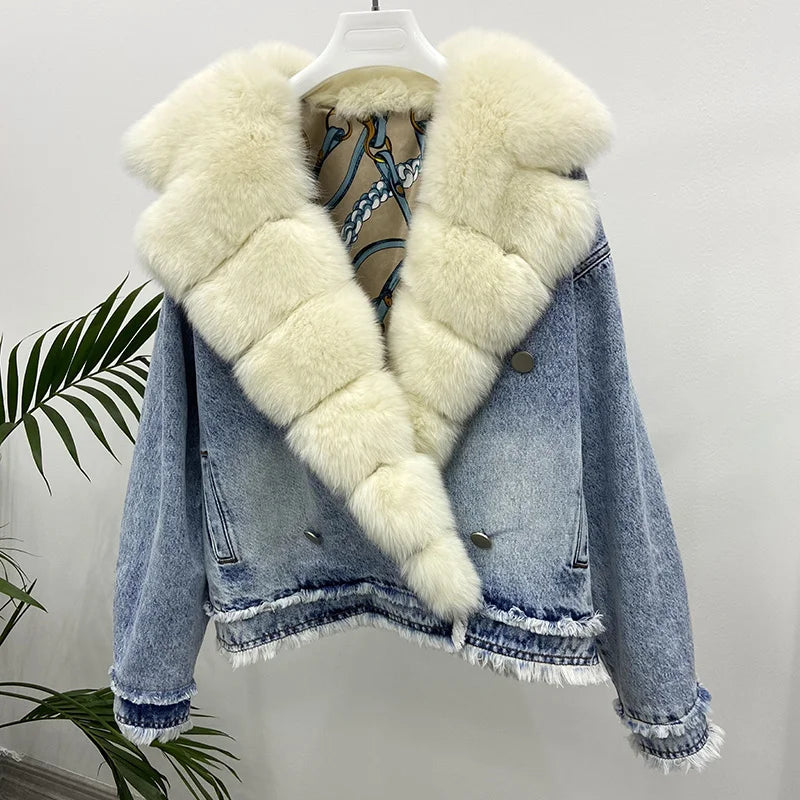 Luxury Casual Turn-down Real Fox Collar Winter Denim Jacket for Women Streetwear Style for 