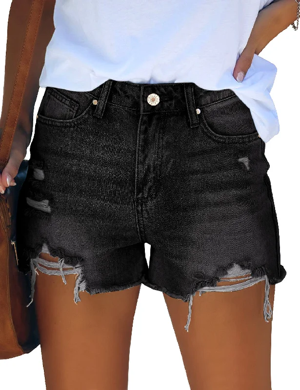 Black High Waist Ruched Hem Distressed Denim Shorts Street
