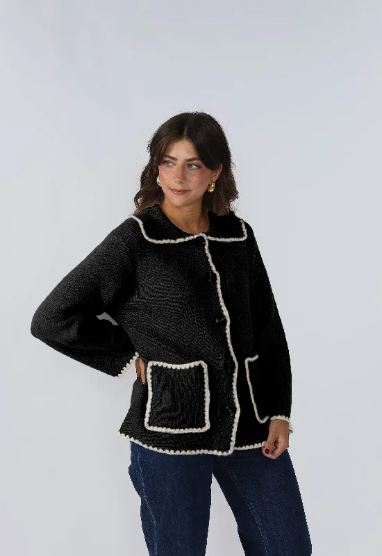 Harlow Knit Trim Buttoned Collar Jacket (Black)