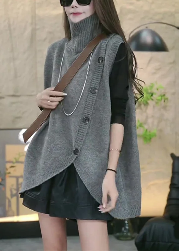 Loose Grey Turtleneck Asymmetrical Knit Waistcoat Sleeveless Australian Beach