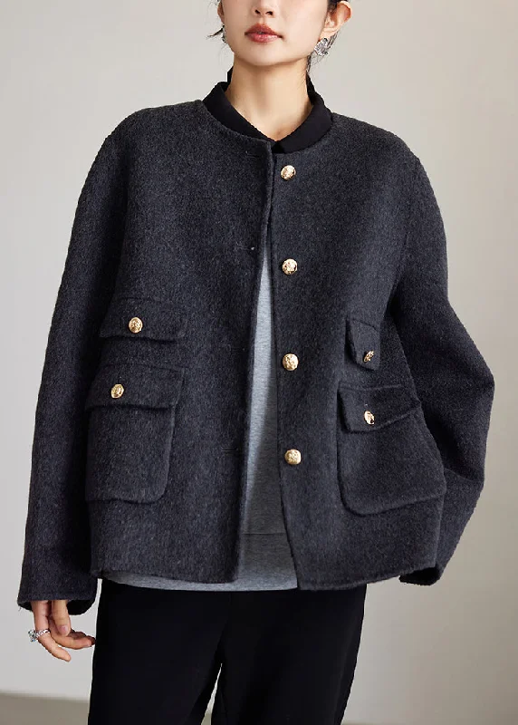 Loose Dark Gray O Neck Button Woolen Coats Spring Contemporary 