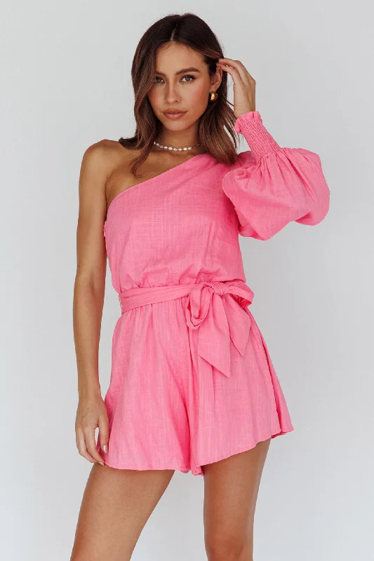Summer Lover One-Shoulder Long Sleeve Romper Pink Classic Women's Pin - striped