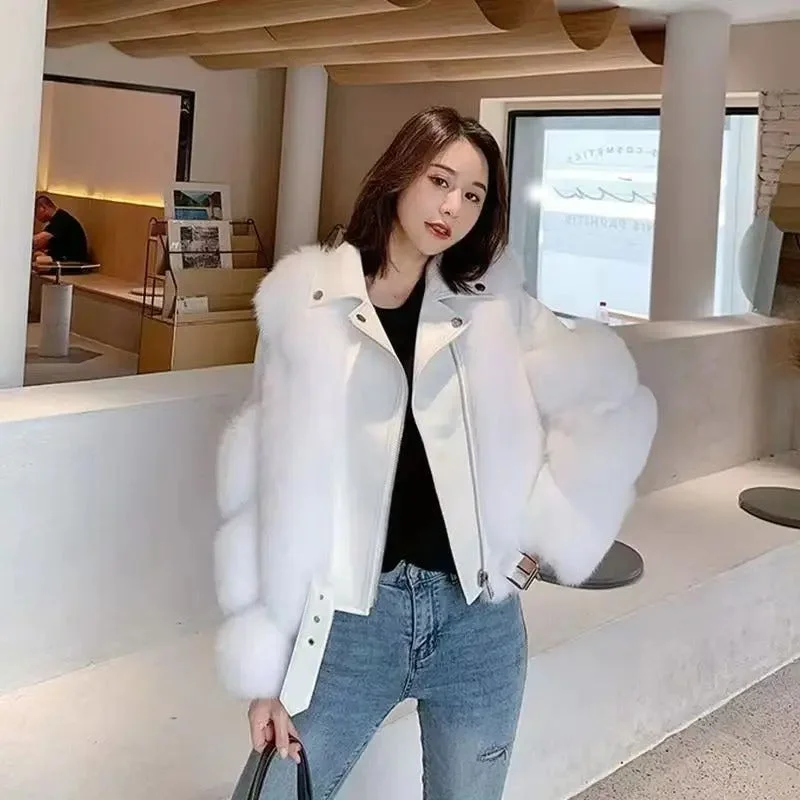 Women's Luxury White Winter Real Fox Fur Genuine Sheepskin Leather Jacket Bohemian Women's Free Women's Luxury White Winter Real Fox Fur Genuine Sheepskin Leather Jacket Bohemian Women's Free